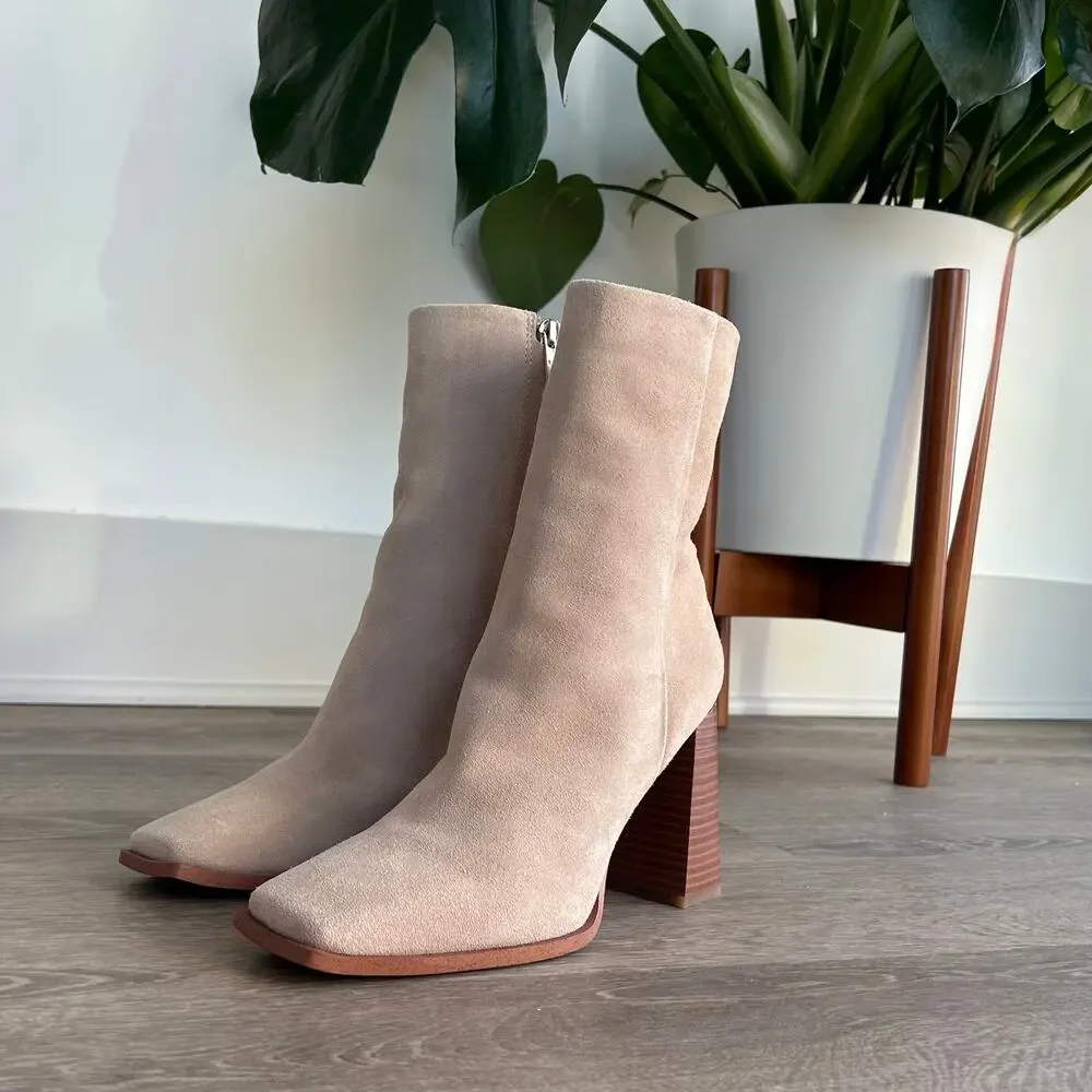 Sam Edelman Ivette Suede Ankle Booties Sesame Square Toe‎ Block Heel Size 9